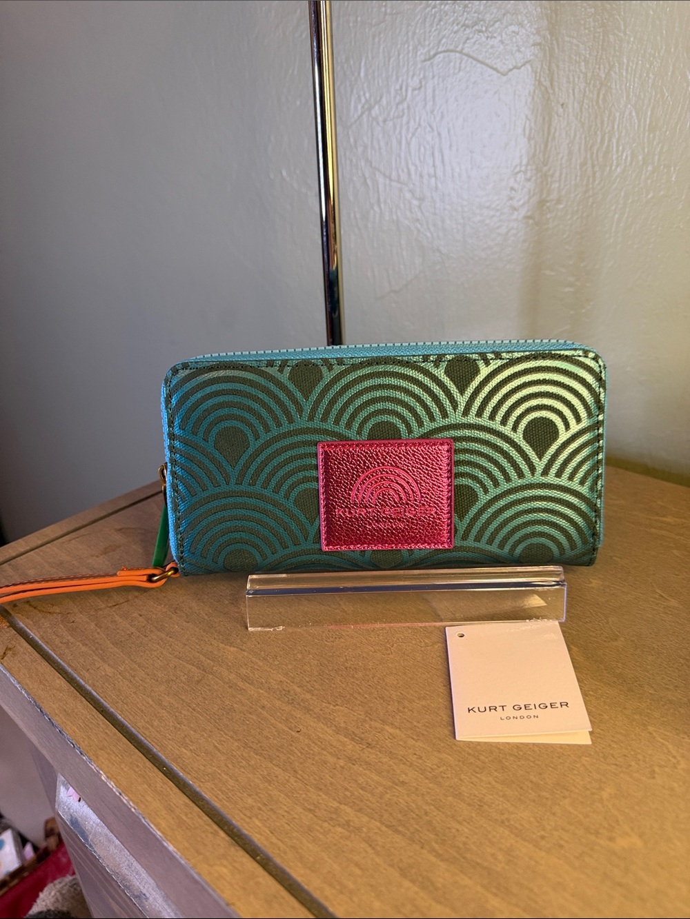 Kurt Geiger Green Patterned Zip Wallet with Pink Patch and Orange Pull